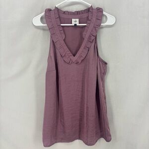 Cabi Ruffle V Neck Sleeveless Mauve Textured Blouse Top Women’s Medium
